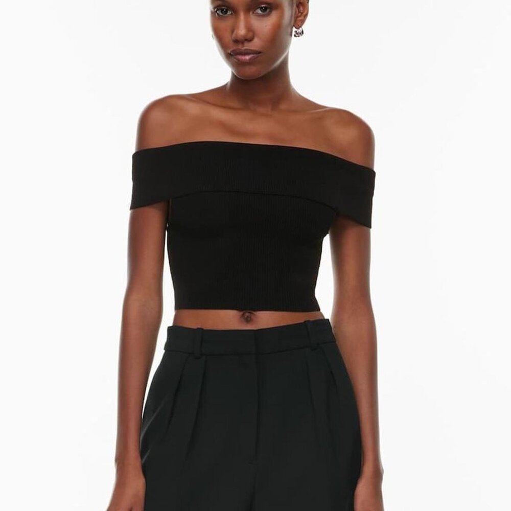 Babaton Aritzia Sculpt Knit Black Ribbed Off Shoulder Top